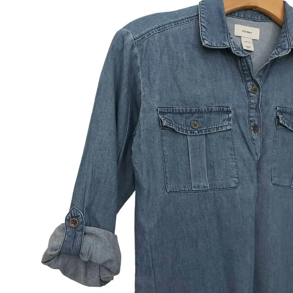 Old Navy Girls Shirt Dress Large 10-12 Blue 1/2 Button Collared Roll Tab Sleeve
